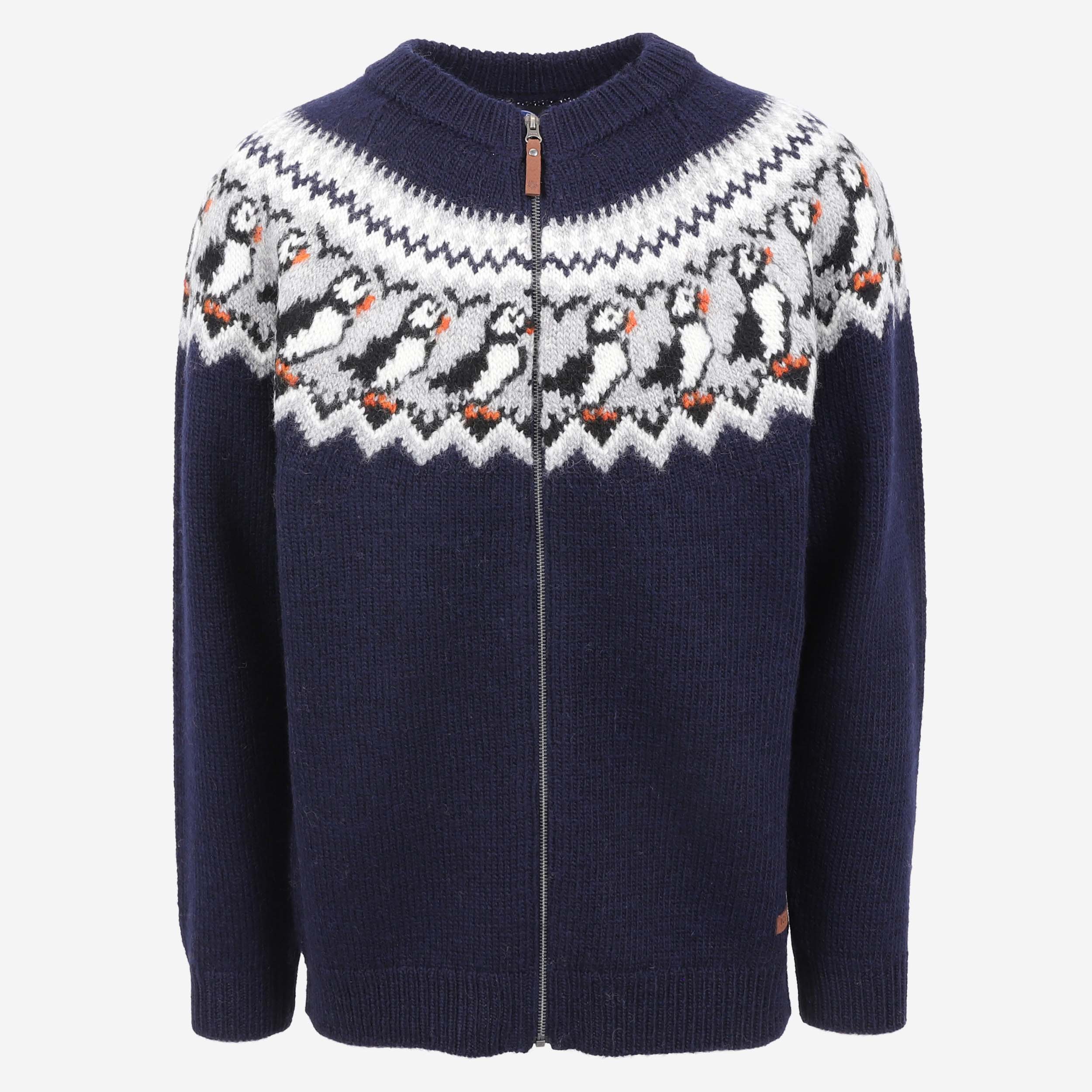 Lundi Puffin bird patterned zipped wool sweater